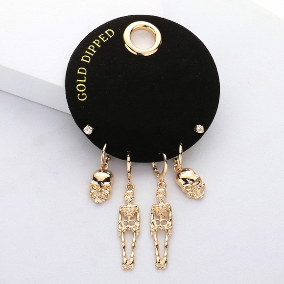 Secret Box Gold Dipped Halloween Metal Skeleton Stone Stud 3 Pairs Earring (A) - Picture 1 of 1